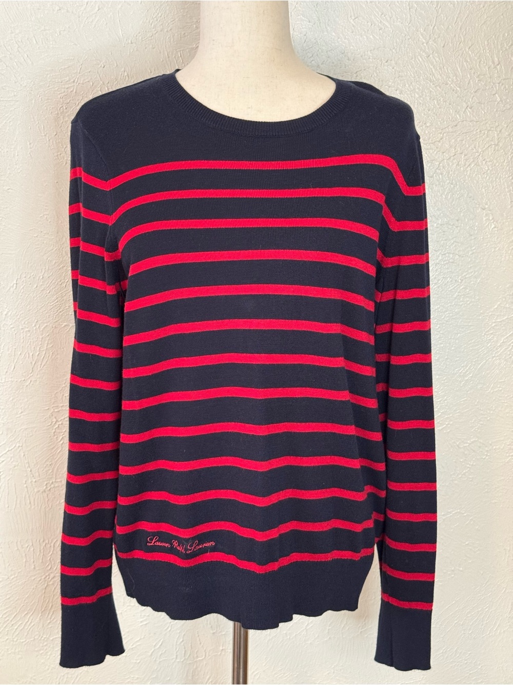 LRL Navy & Red Striped Crewneck Sweater L